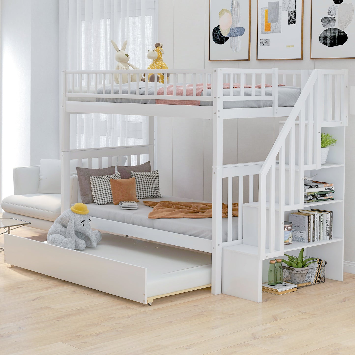 Twin over Twin Bunk Bed with Trundle and Storage  White - Korvel