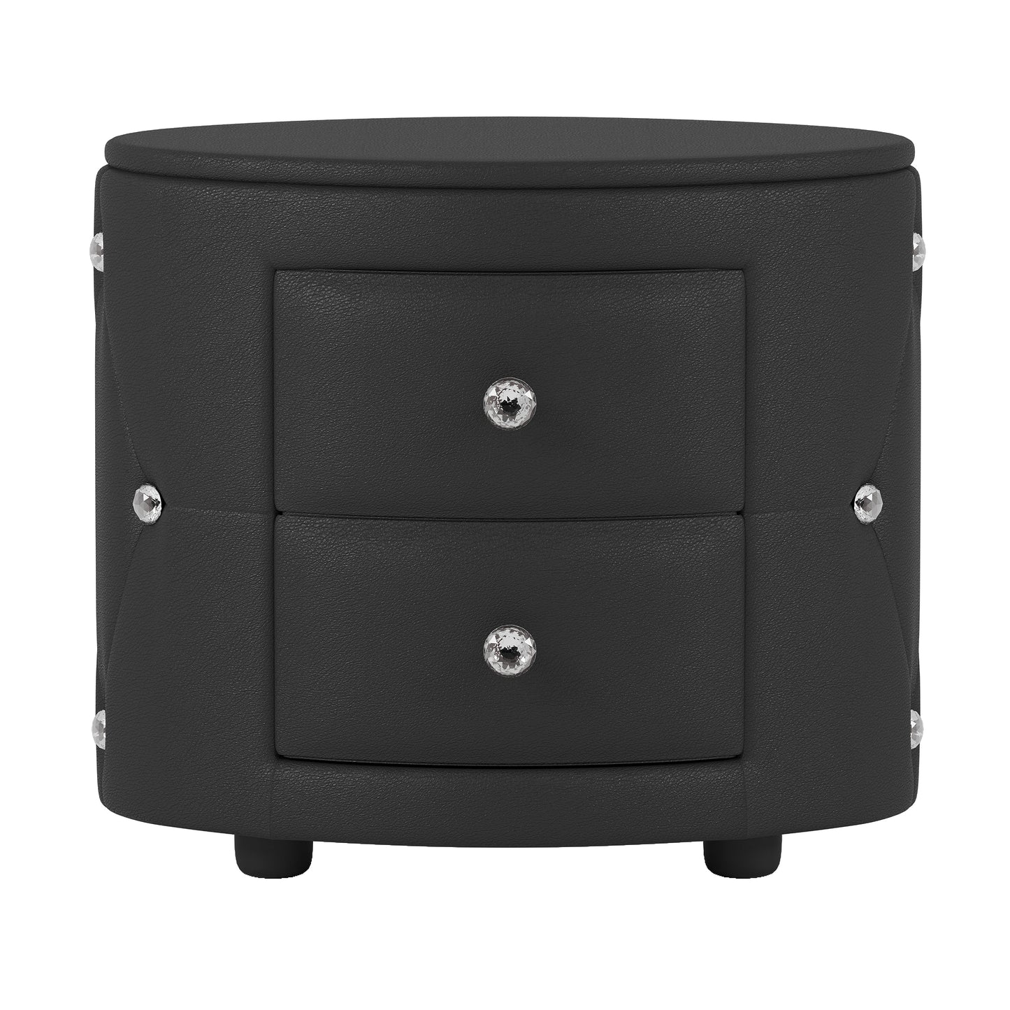 Elegant PU Nightstand with 2 Drawers and Crystal Handle,Fully Assembled Except Legs&Handles,Storage Bedside Table - Black - Korvel
