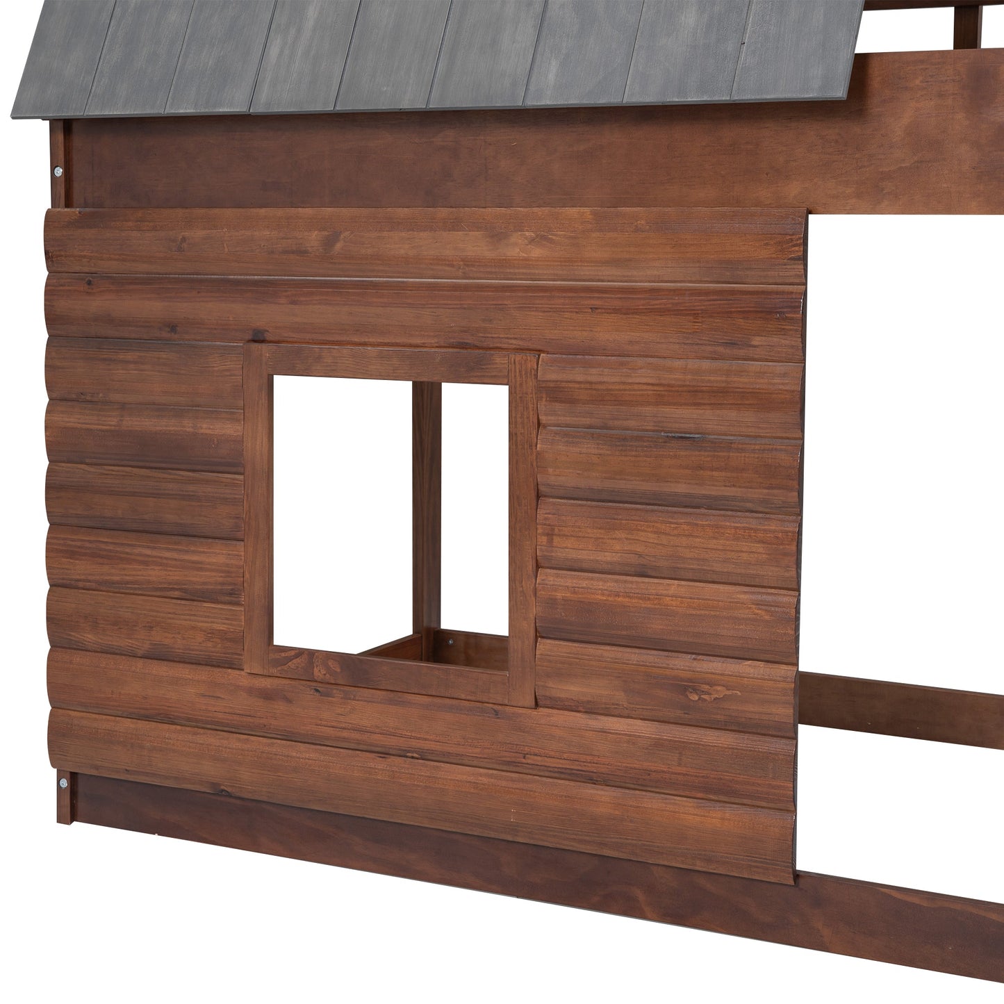 Wood Twin Size House Bunk Bed with Roof, Ladder and 2 Windows, Oak & Smoky Grey - Korvel