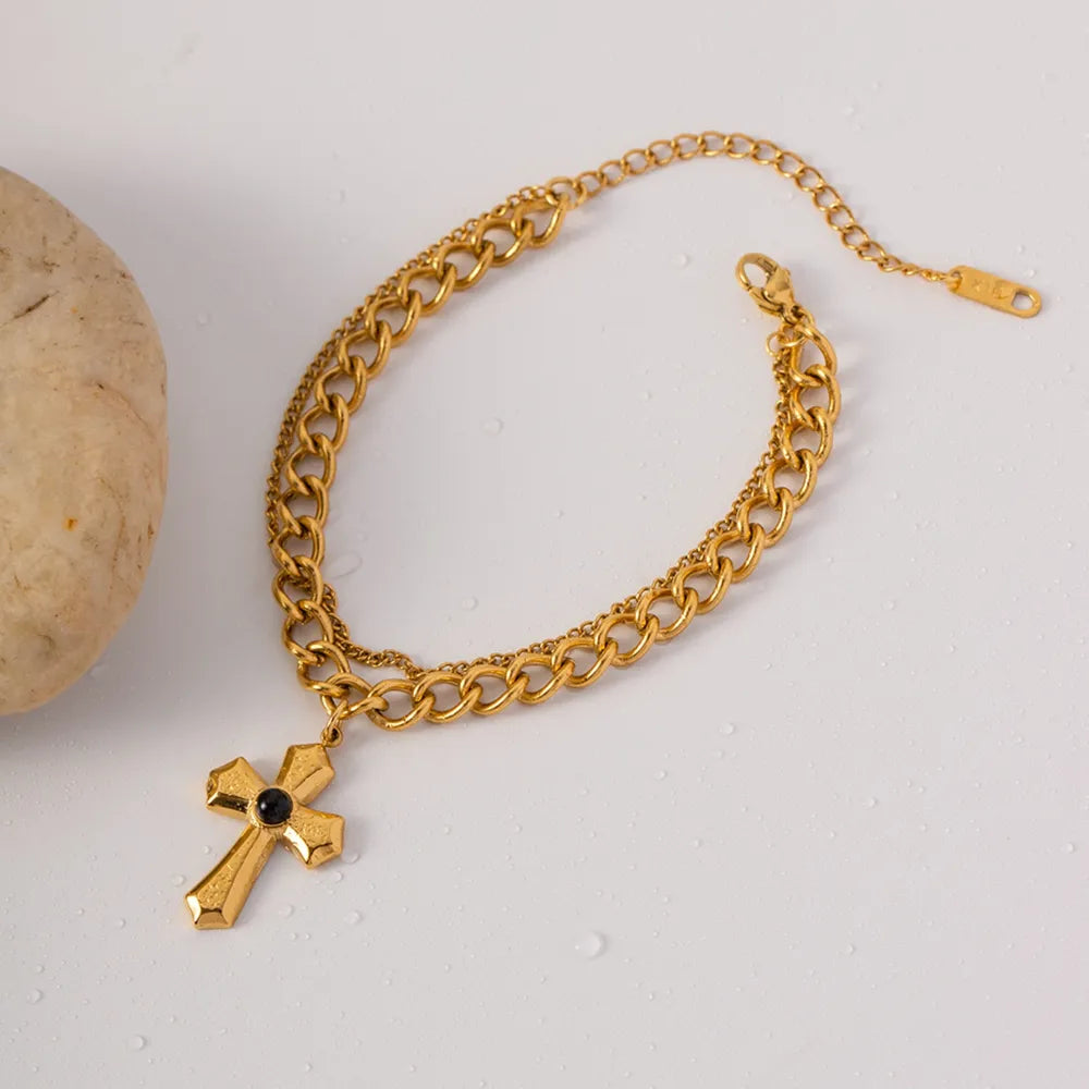 Stainless Steel Imitation Gemstone Cross Pendant Bracelet