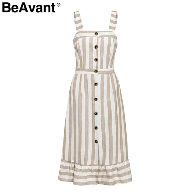 Vestido Midi de Lino y Algodón a Rayas BeAvant para Mujeres