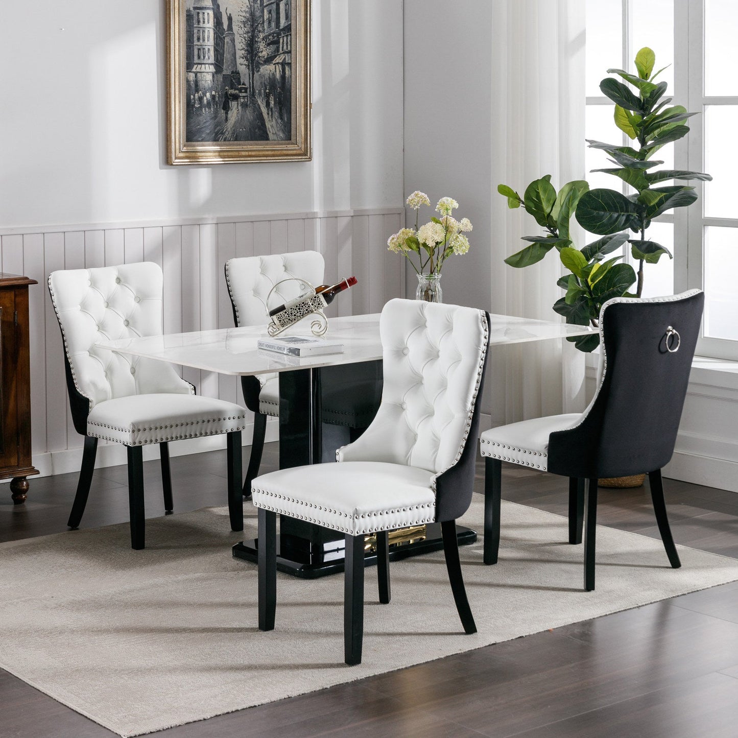 Tufted Solid Wood Dining Chairs - 2-Piece Set in White and Black