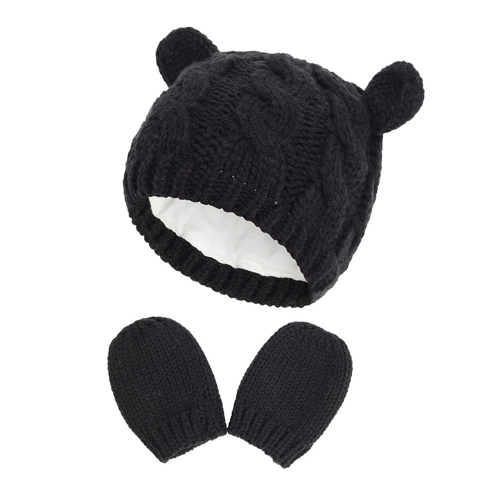 New Baby Kids Girls Boys Winter Warm Knit Hat Ear Solid Warm Cute Glove 2pcs Lovely Beanie Cap 0-18M - Korvel