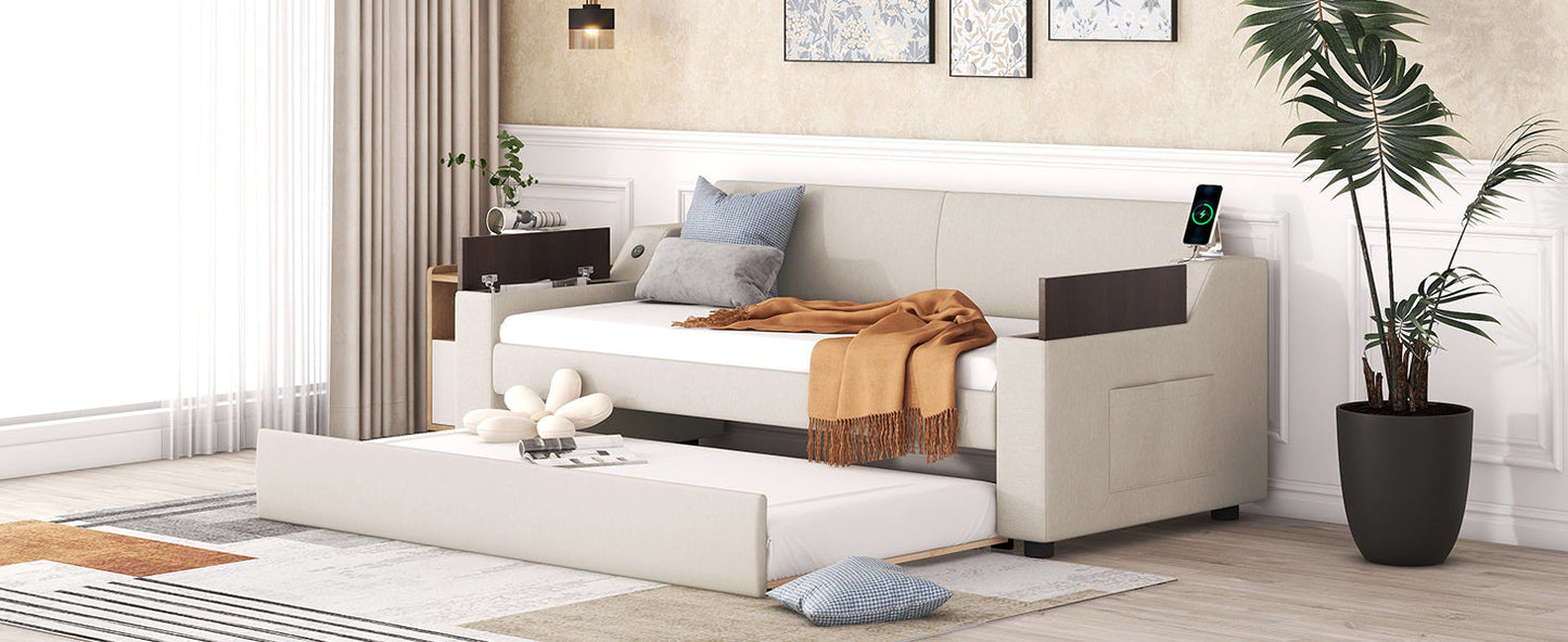 Twin Size Upholstery Daybed with Storage Arms and USB - Beige