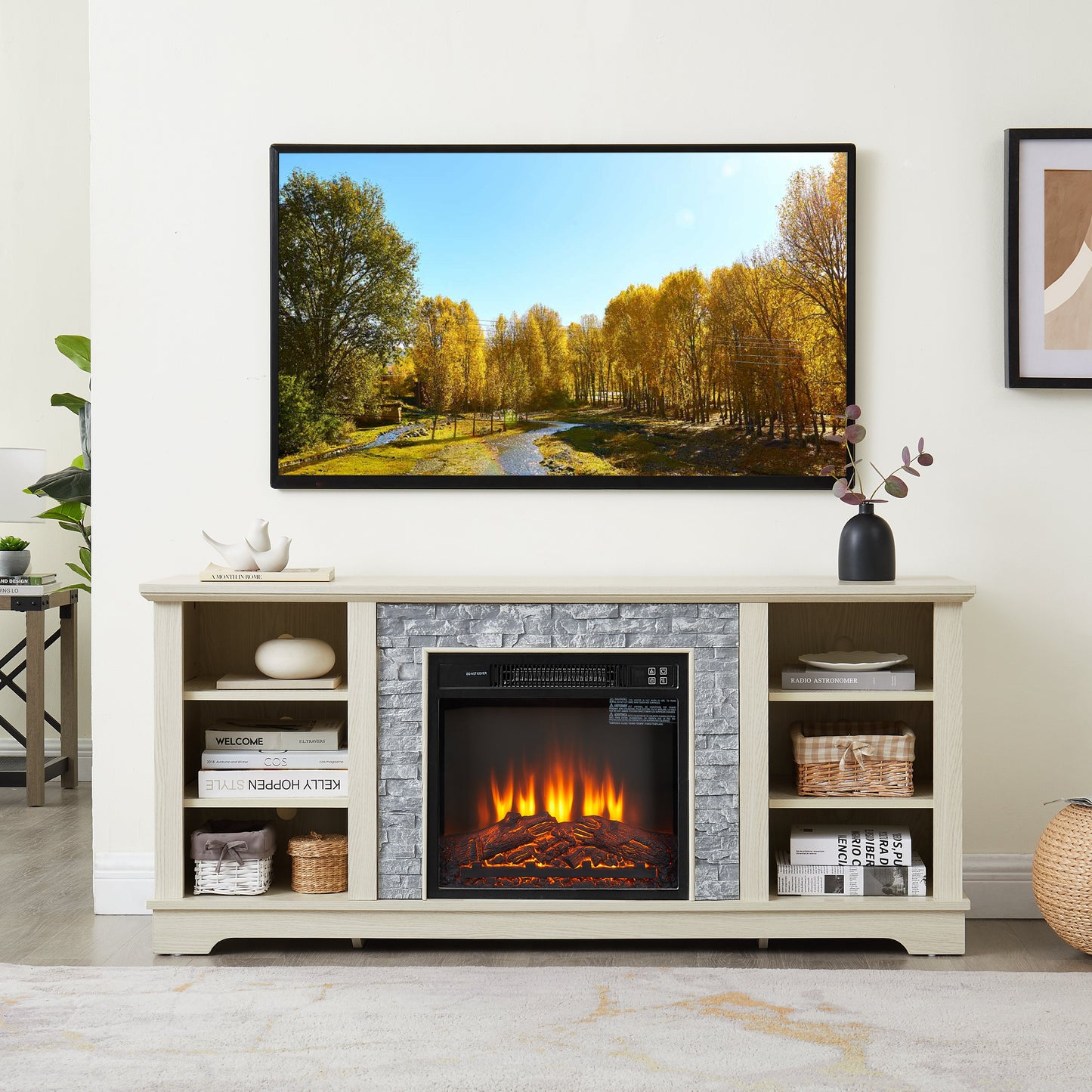 Meuble TV avec foyer électrique en pierre Mantel et rangement ouvert