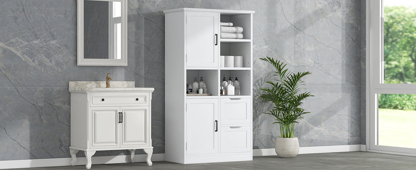 Bathroom storage cabinet with doors and drawers, multiple storage spaces, independent, open adjustable shelves, white - Korvel