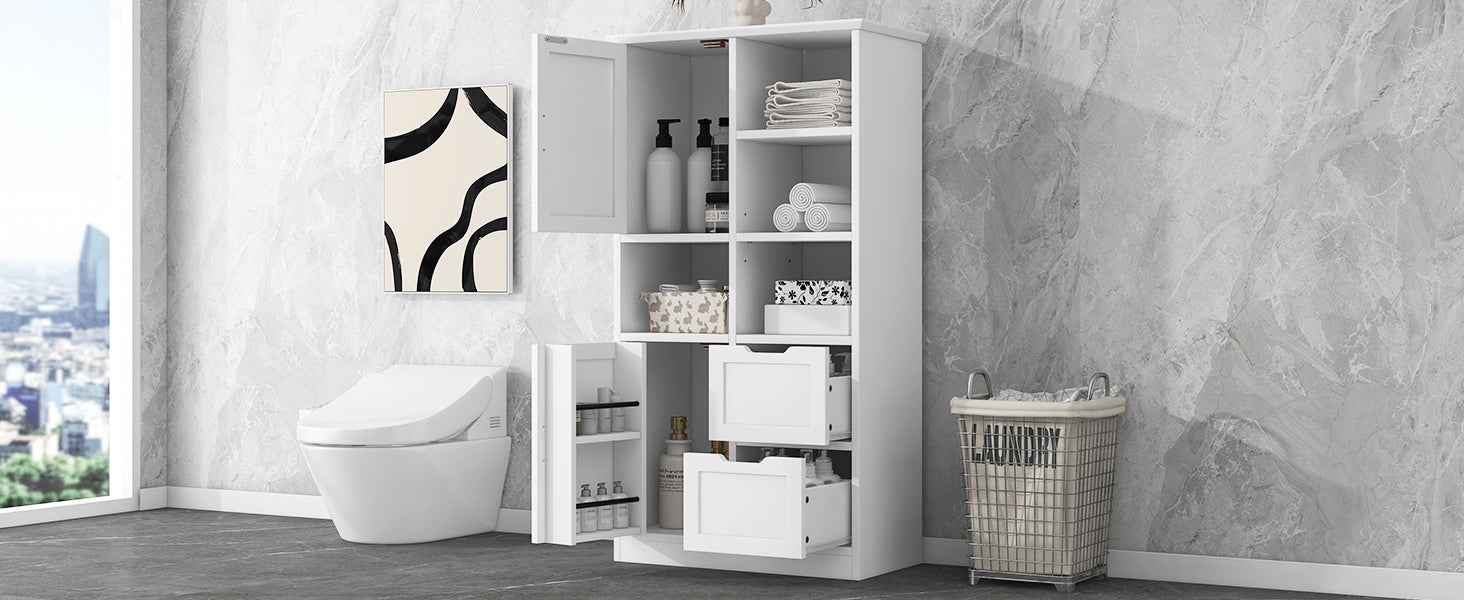 Bathroom storage cabinet with doors and drawers, multiple storage spaces, independent, open adjustable shelves, white - Korvel