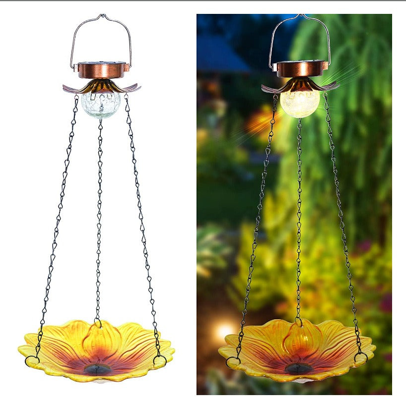 Solar Hanging Bird Bath - 24 Inch Glass Feeder with Sunflower Design