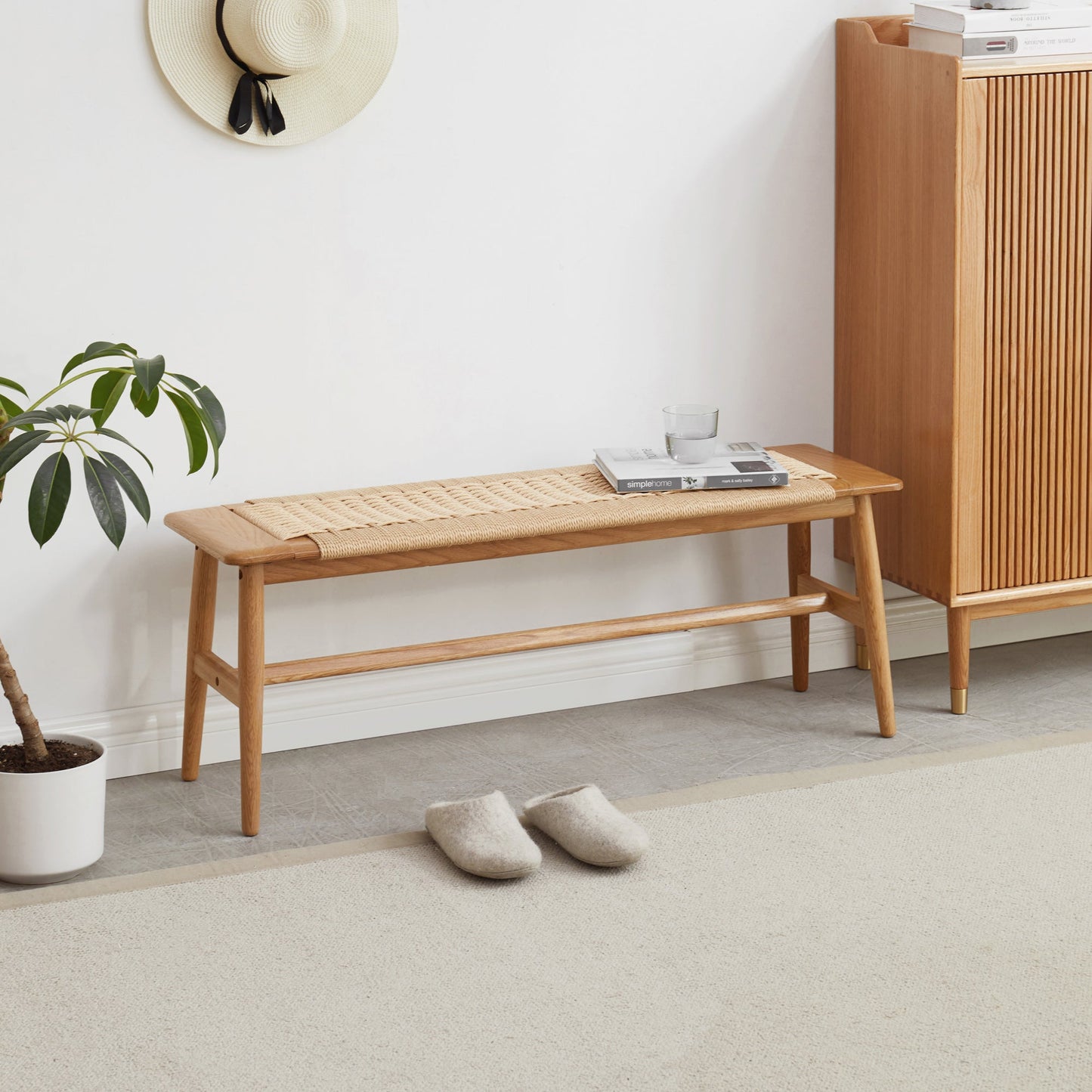 Woven Design Natural Oak Wood Backless Dining Bench