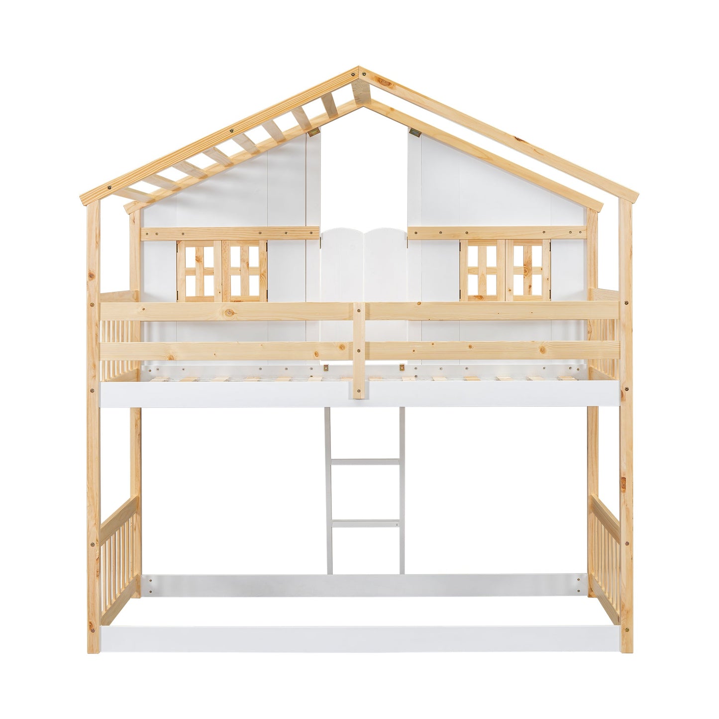 Twin over Twin House Bunk Bed with Roof , Window, Window Box, Door , with Safety Guardrails and Ladder, Natural/White - Korvel