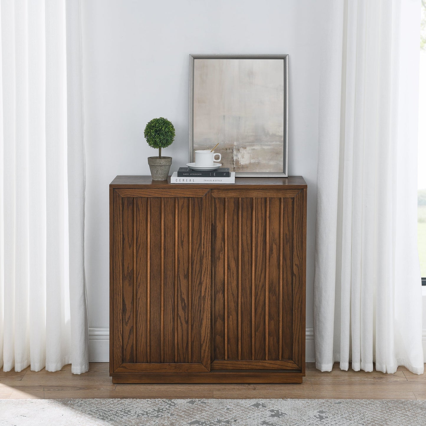 Medieval side panel with 2 sliding doors and solid wood decorative strips, storage cabinet - Korvel