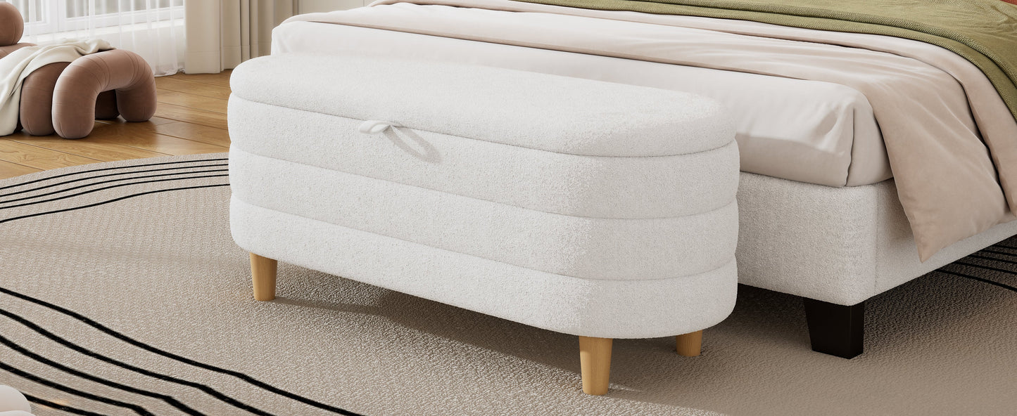 Ottoman de rangement en tissu sherpa élégant avec pieds en bois