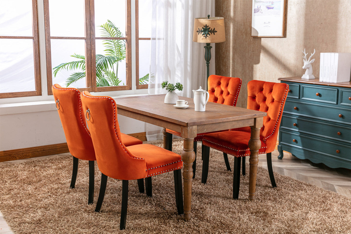 Premium Velvet Upholstered Dining Chair Set - Orange