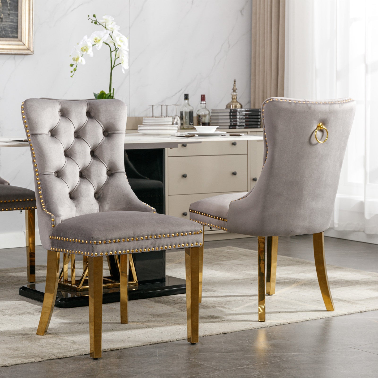 Tufted solid wood velvet cushioned dining chair, gold-plated stainless steel nail leg heads, 2 pieces in gray and gold - Korvel