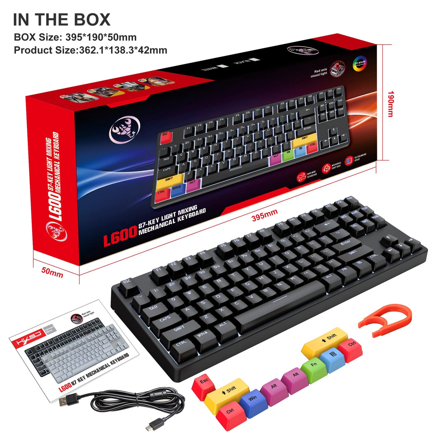 87 key wired mechanical gaming keyboard with red axis for esports and office use, with over 20 types of white light insertable shafts - Korvel