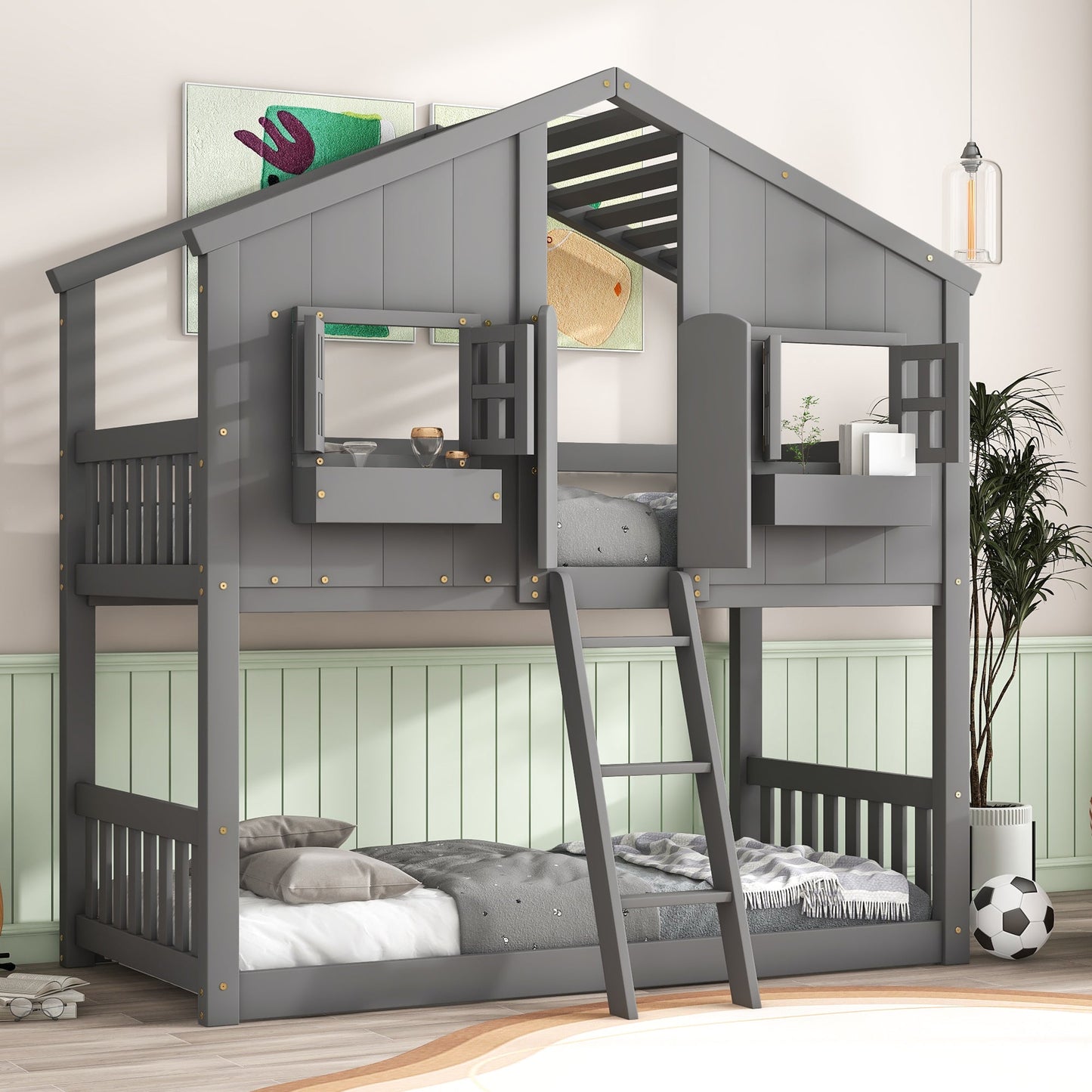 Twin over Twin House Bunk Bed with Roof , Window, Window Box, Door , with Safety Guardrails and Ladder, Grey - Korvel