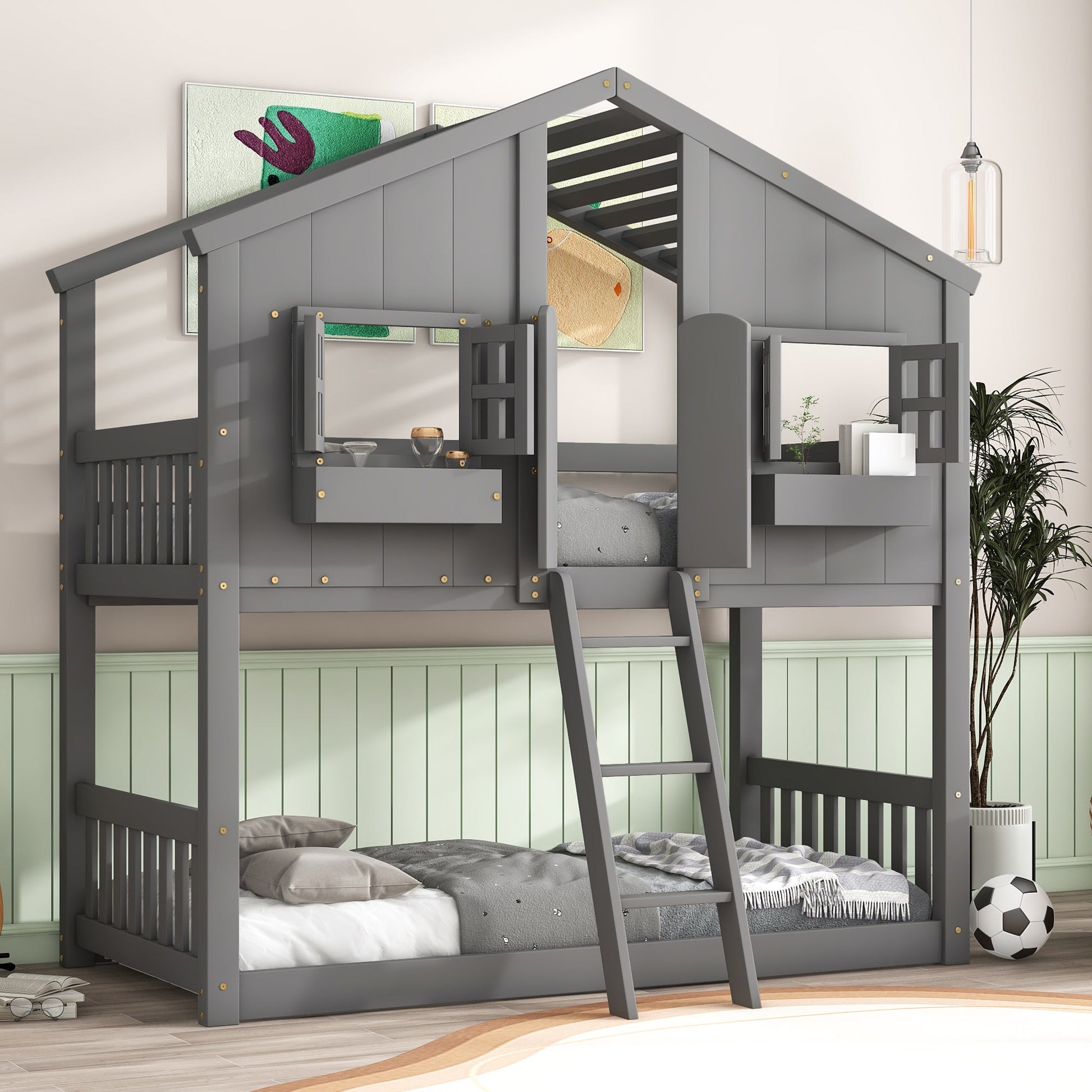 Twin over Twin House Bunk Bed with Roof , Window, Window Box, Door , with Safety Guardrails and Ladder, Grey - Korvel
