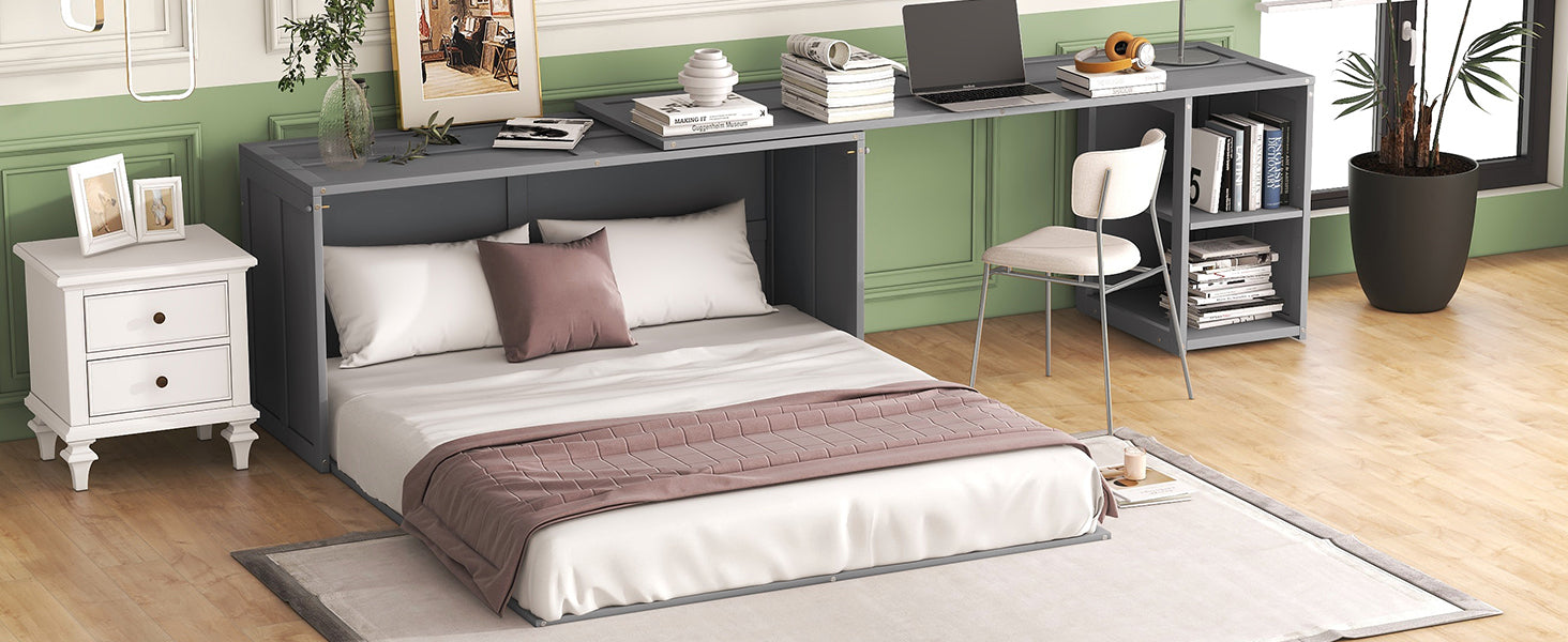 Queen Size Murphy Bed with Rotable Desk  Gray - Korvel