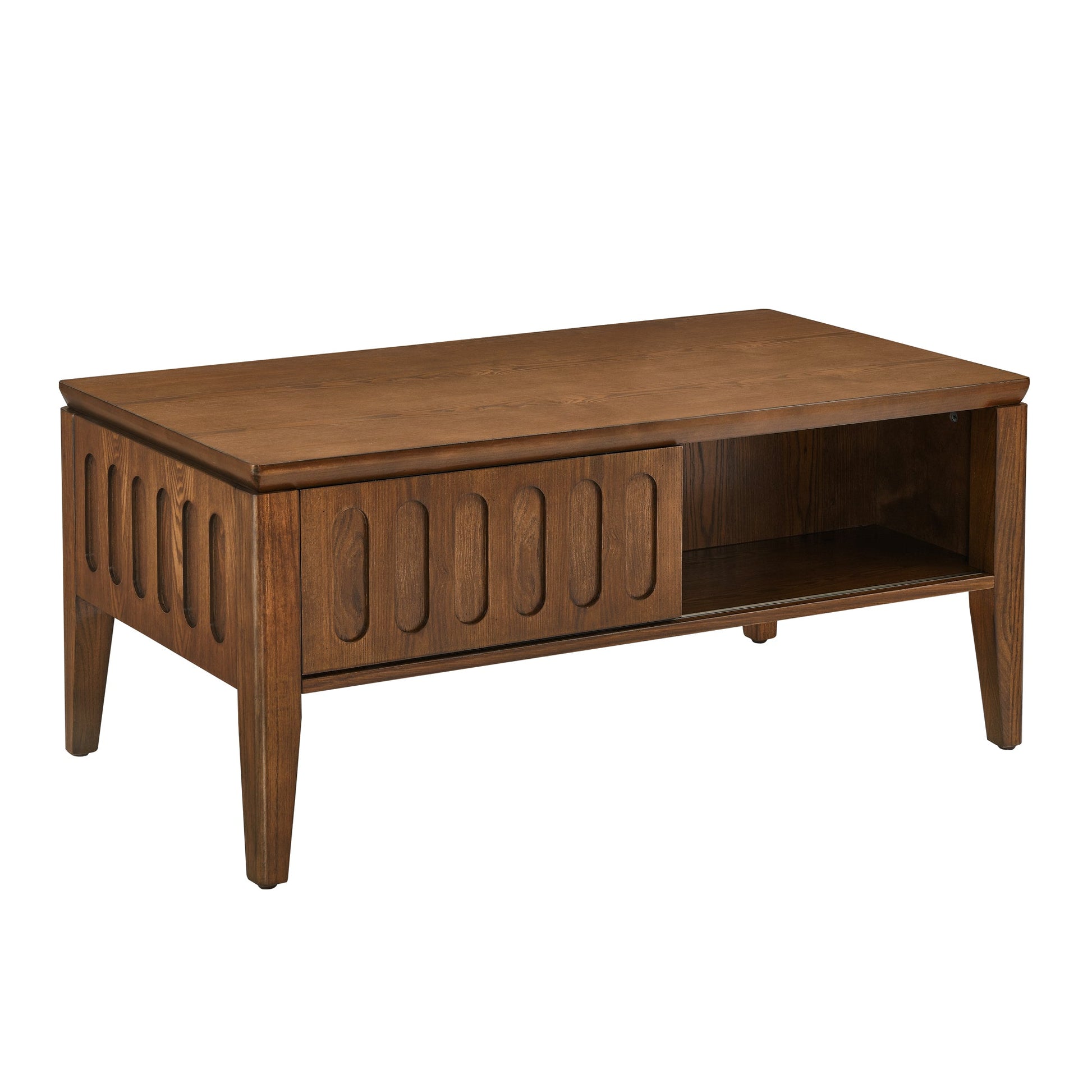 Medieval modern flute coffee table with storage sliding door and solid wood legs, vintage farmhouse wood central table - Korvel