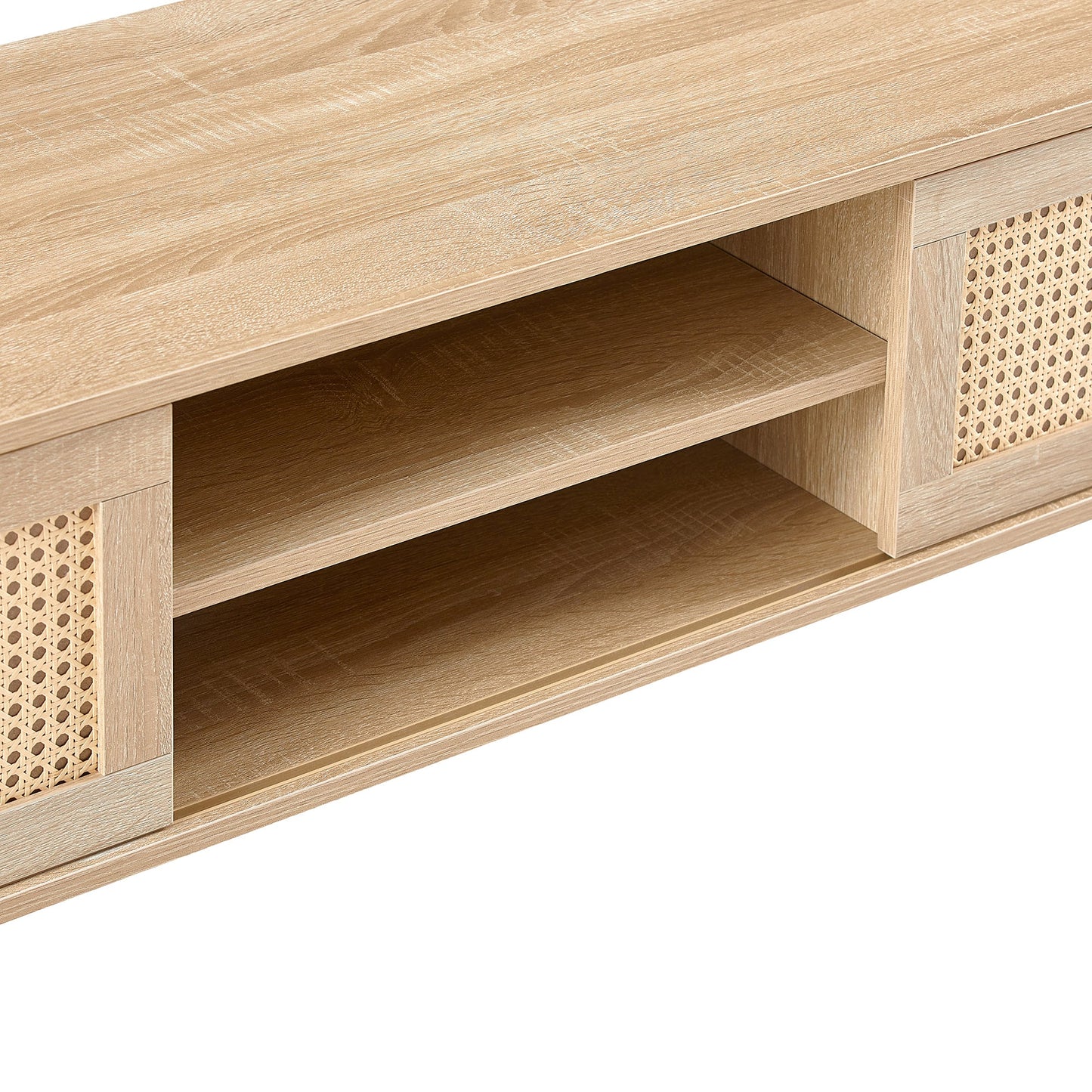 55.12" Rattan TV cabinet double sliding doors for storage adjustable shelf solid wood legs TV console for living room natural - Korvel