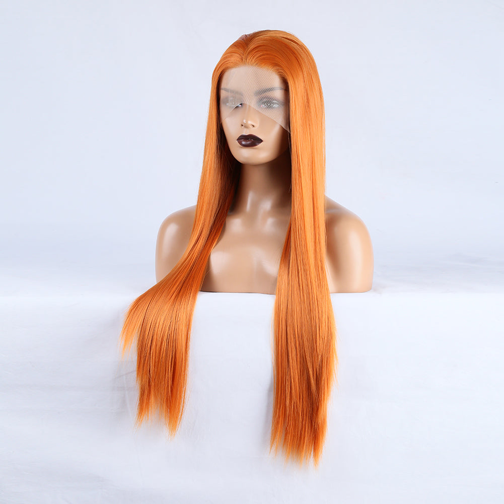 Long Straight Hair 13*2.5 Orange Chemical Fiber Front Lace Wig Head Cover Natural Hairline - Korvel