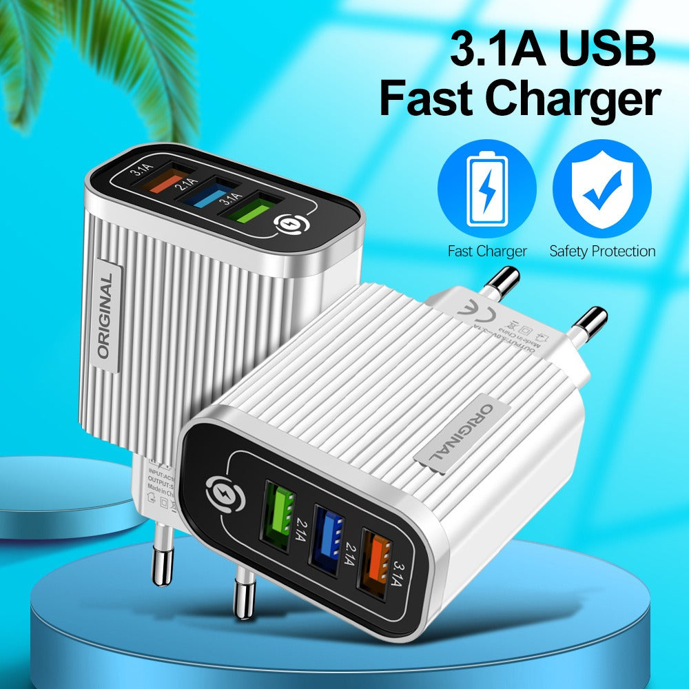 3USB-2.1A Multi Port Mobile Phone Charger Smart Travel Charging Head - Korvel
