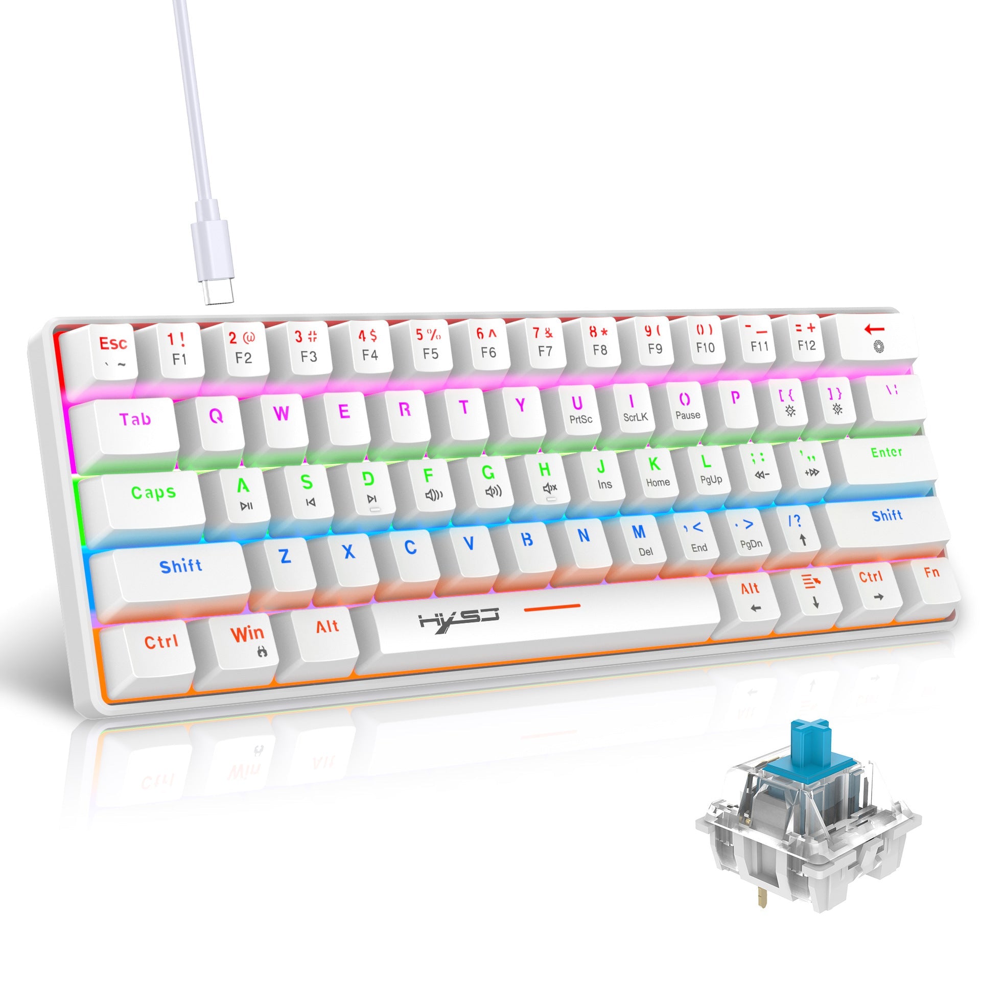 Mechanical keyboard 61 key short style small keyboard for office typing, black and white dual splicing ice blue backlit blue axis gaming keyboard - Korvel