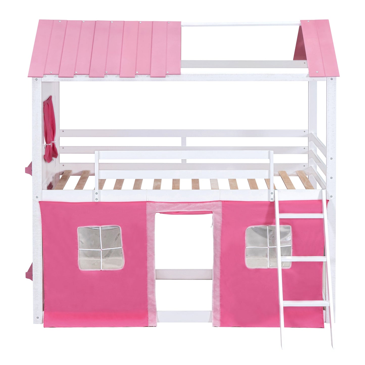 Elegant Twin Size Bunk Wood House Bed in Pink and White