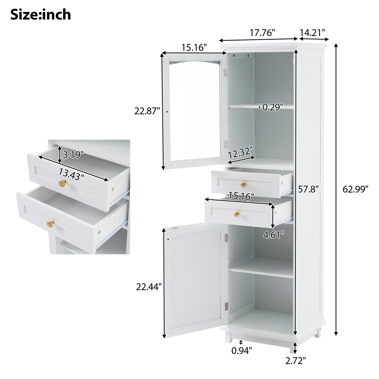 High bathroom storage cabinet with glass door, freestanding, two drawers and adjustable shelves, MDF board, painted white - Korvel