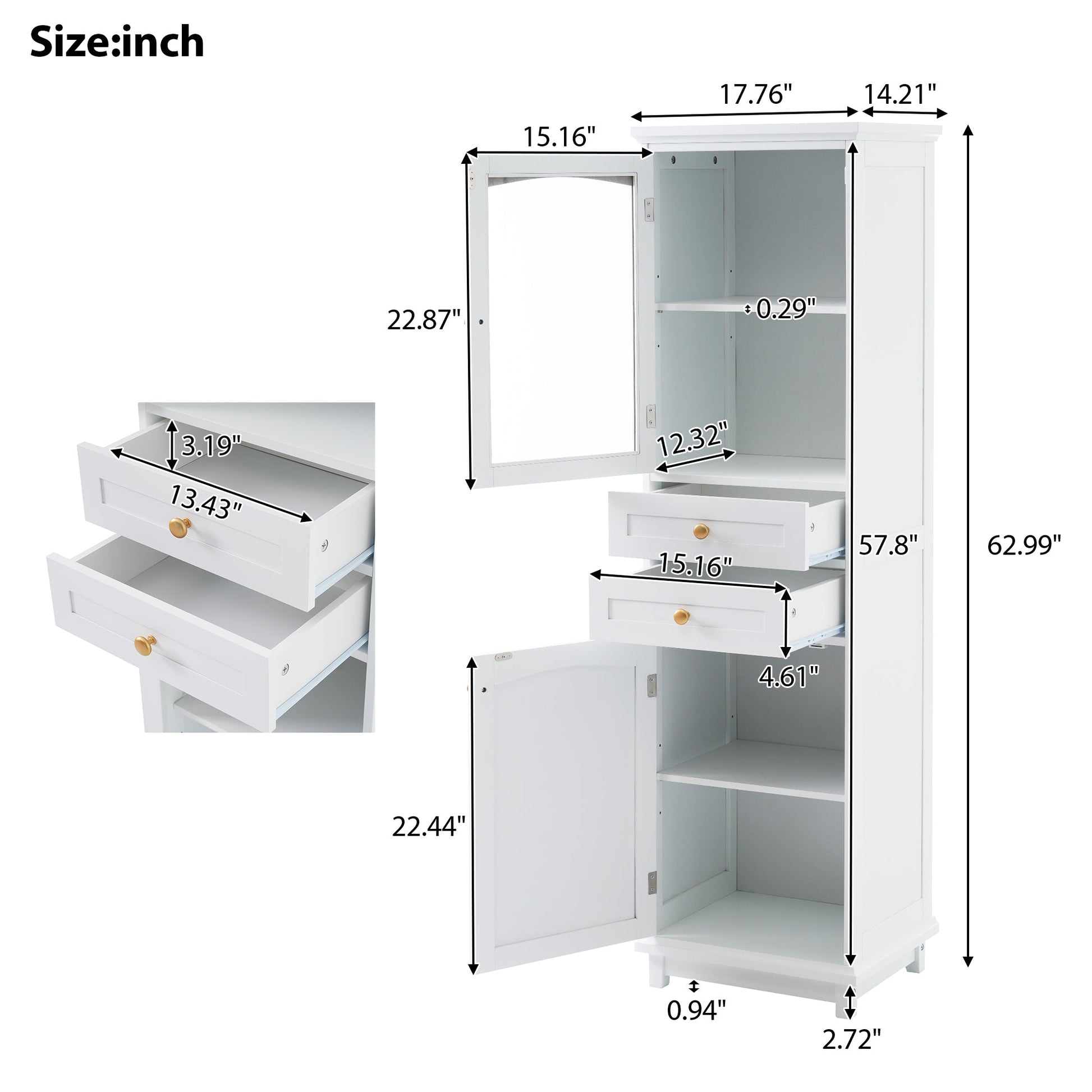 High bathroom storage cabinet with glass door, freestanding, two drawers and adjustable shelves, MDF board, painted white - Korvel