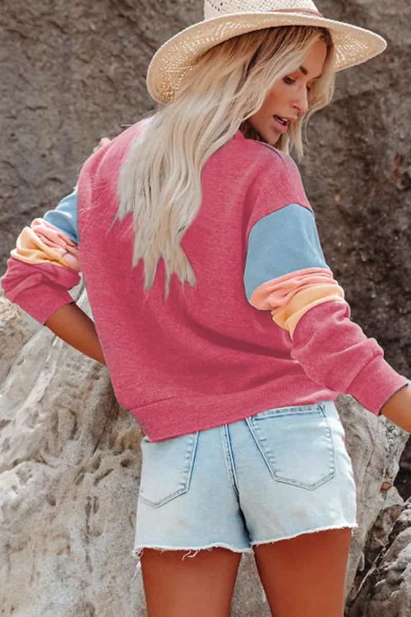 Color Block Round Neck Long Sleeve Sweatshirt - Korvel