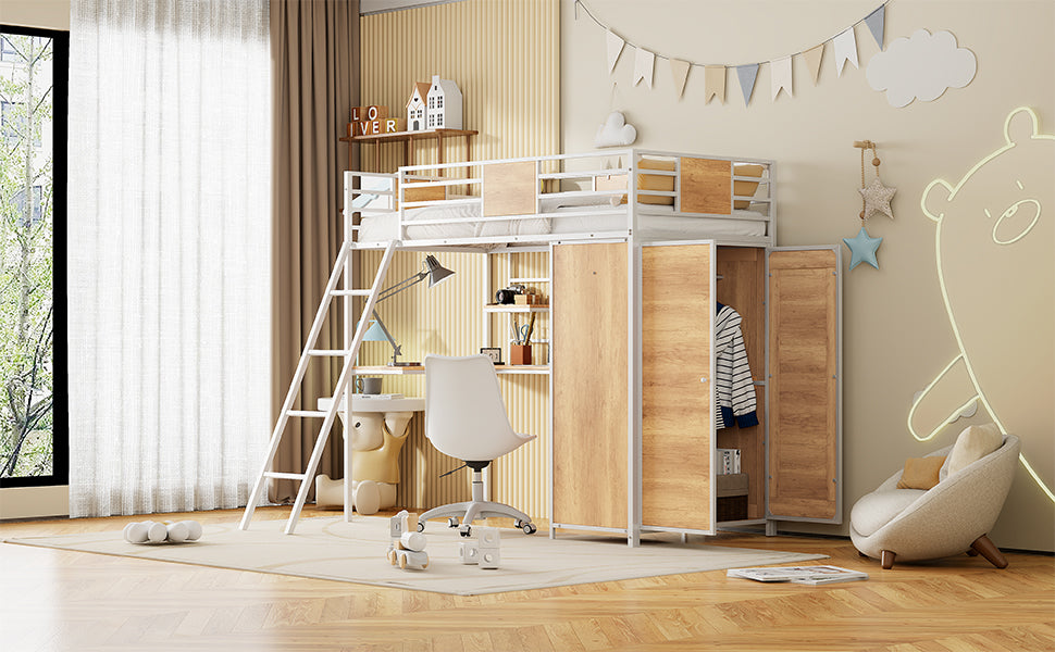 Lit mezzanine taille twin avec bureau en L et armoire - Blanc
