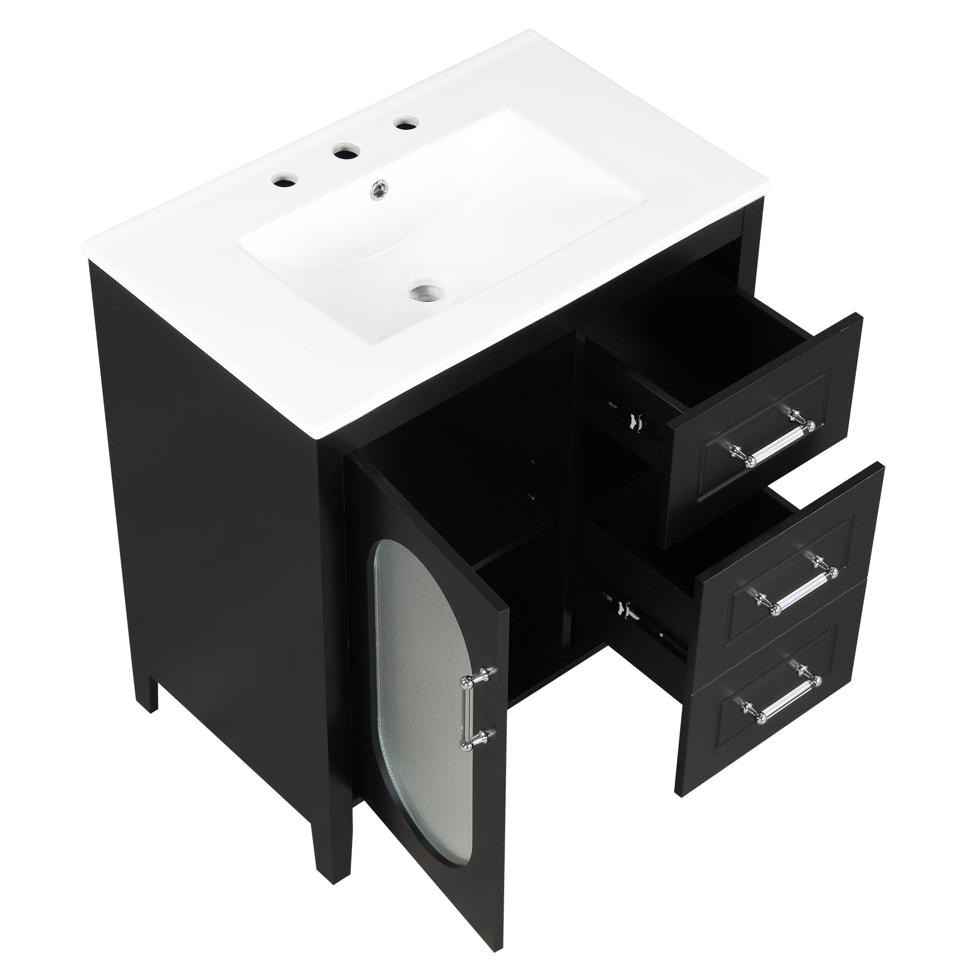 30" Bathroom Vanity with Sink, Bathroom Vanity Cabinet with Two Drawers and Door, Adjustable Shelf, Solid Wood and MDF, Black - Korvel