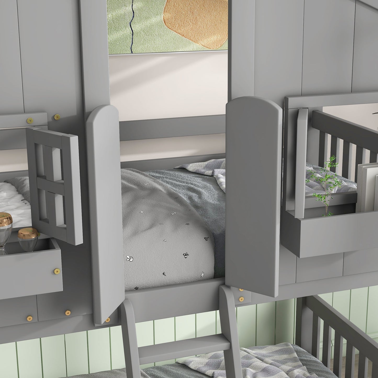 Twin over Twin House Bunk Bed with Roof , Window, Window Box, Door , with Safety Guardrails and Ladder, Grey - Korvel