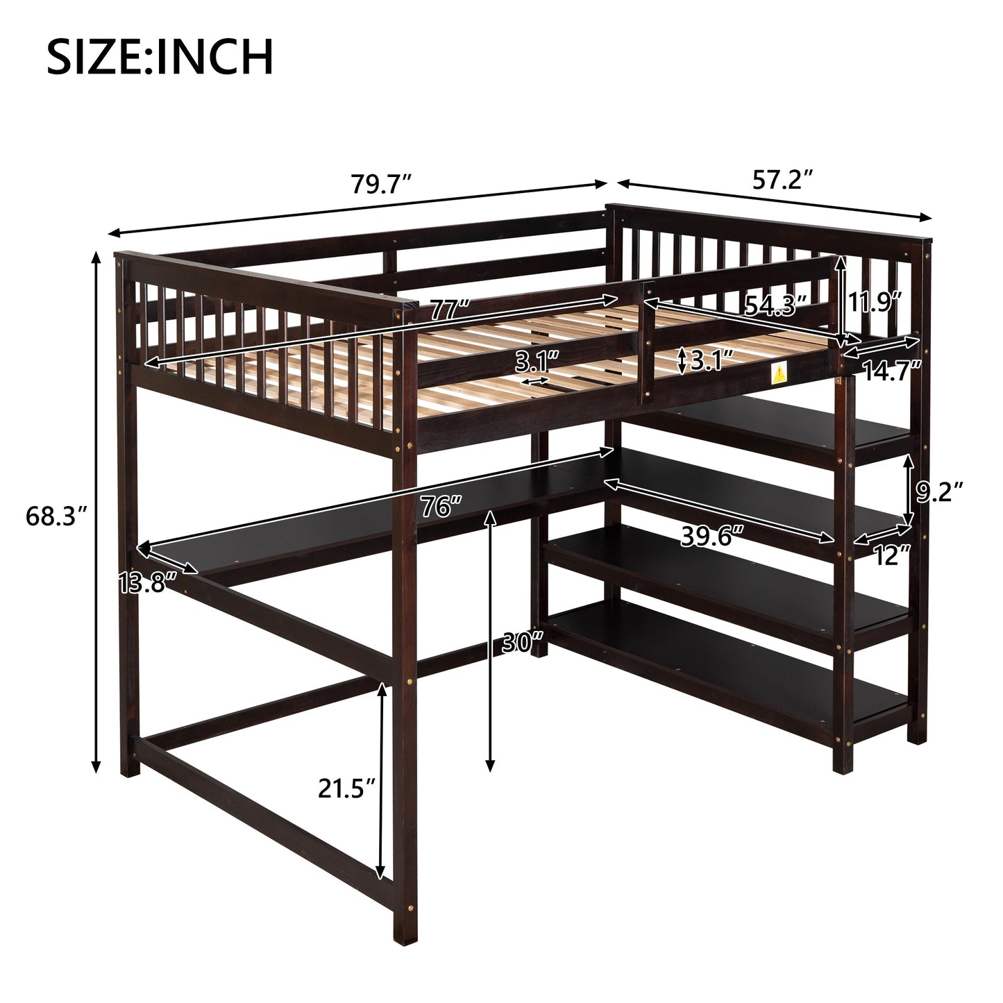Full Size Loft Bed with Storage Shelves and Under-bed Desk  Espresso - Korvel