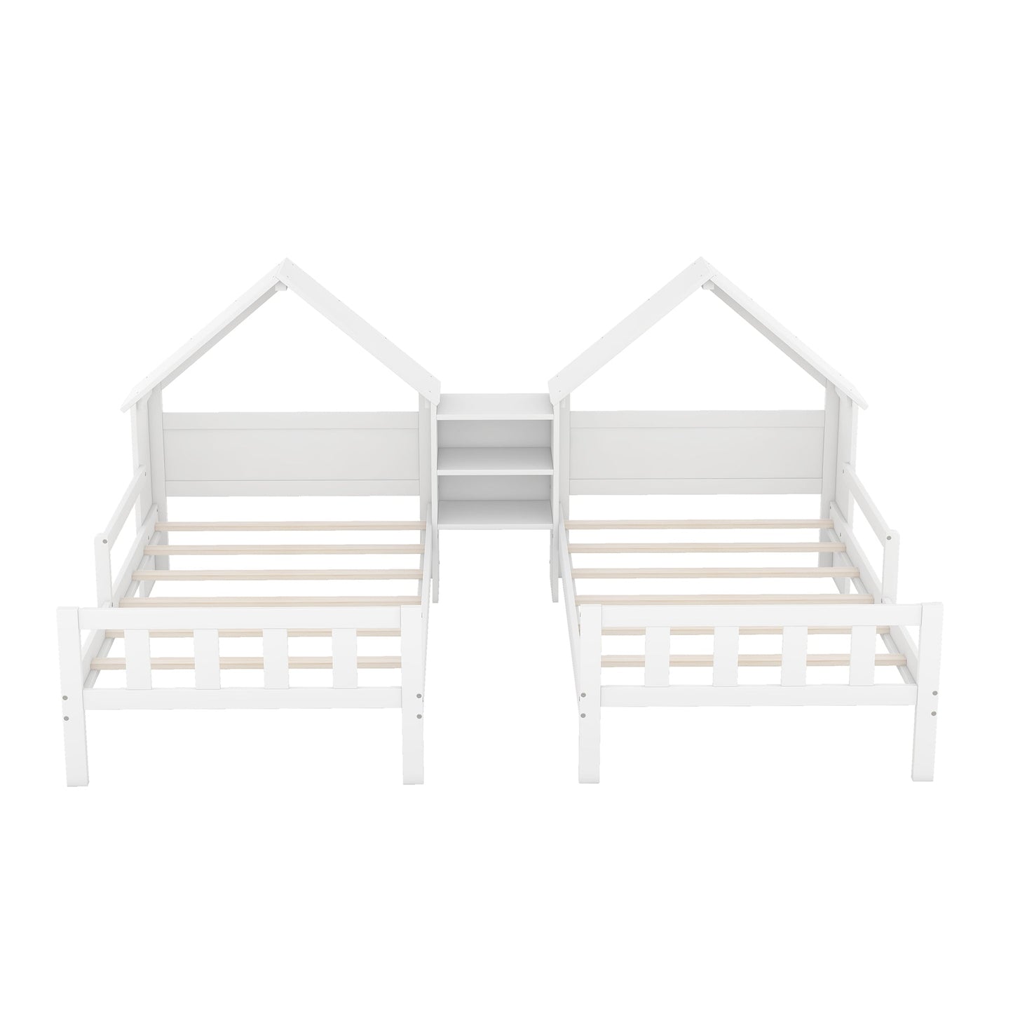 Double Twin Size Platform Bed with House Headboard and Nightstand, White