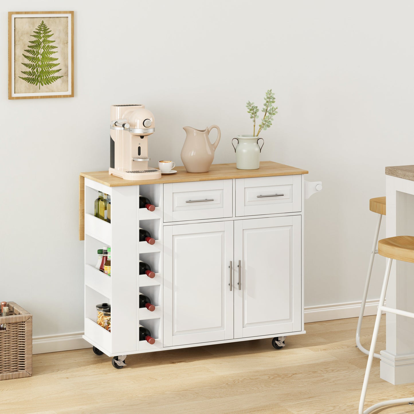 Multi-Functional Kitchen Island Cart with 2 Door Cabinet and Two Drawers,Spice Rack, Towel Holder, Wine Rack, and Foldable Rubberwood Table Top (White) - Korvel