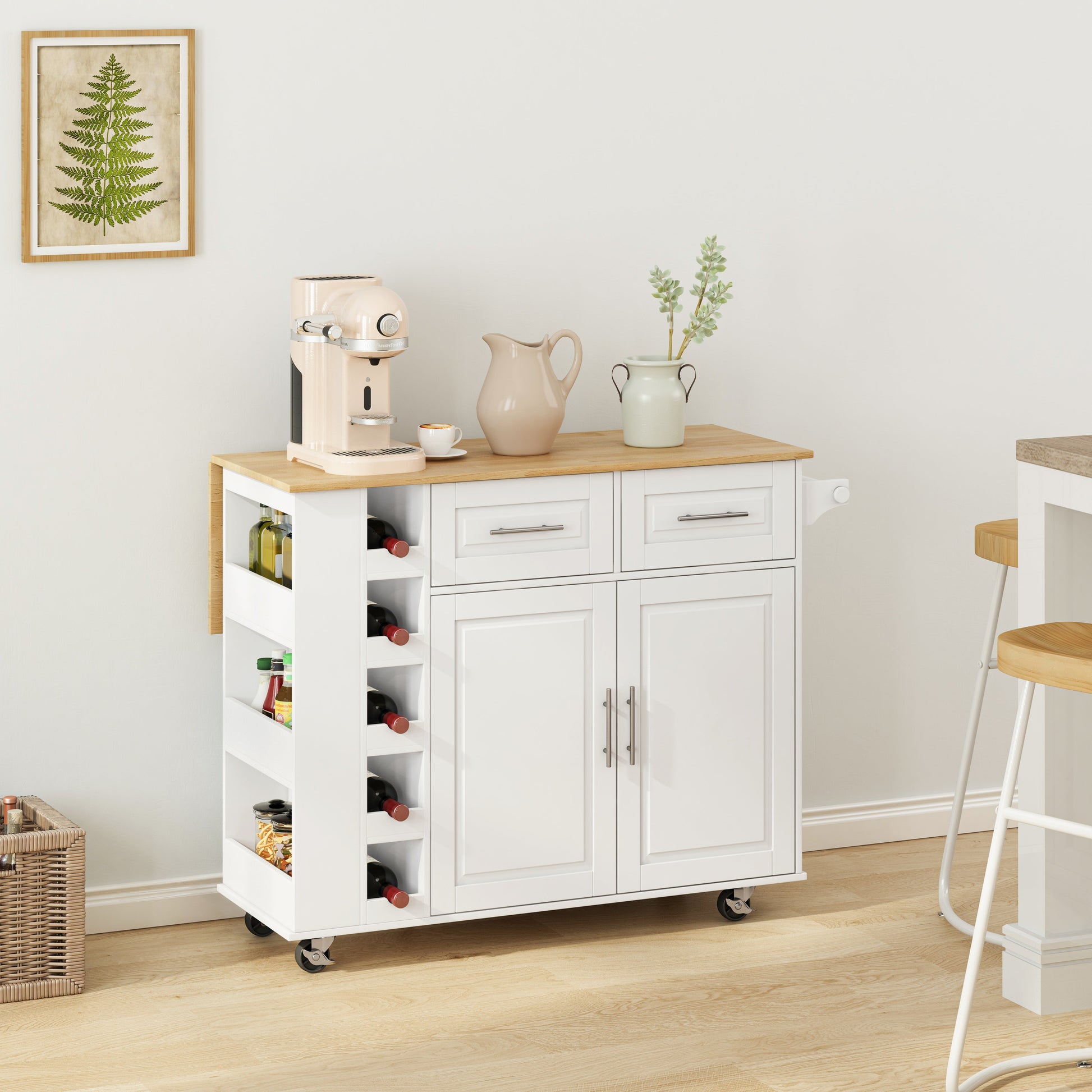 Multi-Functional Kitchen Island Cart with 2 Door Cabinet and Two Drawers,Spice Rack, Towel Holder, Wine Rack, and Foldable Rubberwood Table Top (White) - Korvel