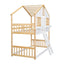 Twin over Twin House Bunk Bed with Roof , Window, Window Box, Door , with Safety Guardrails and Ladder, Natural/White - Korvel