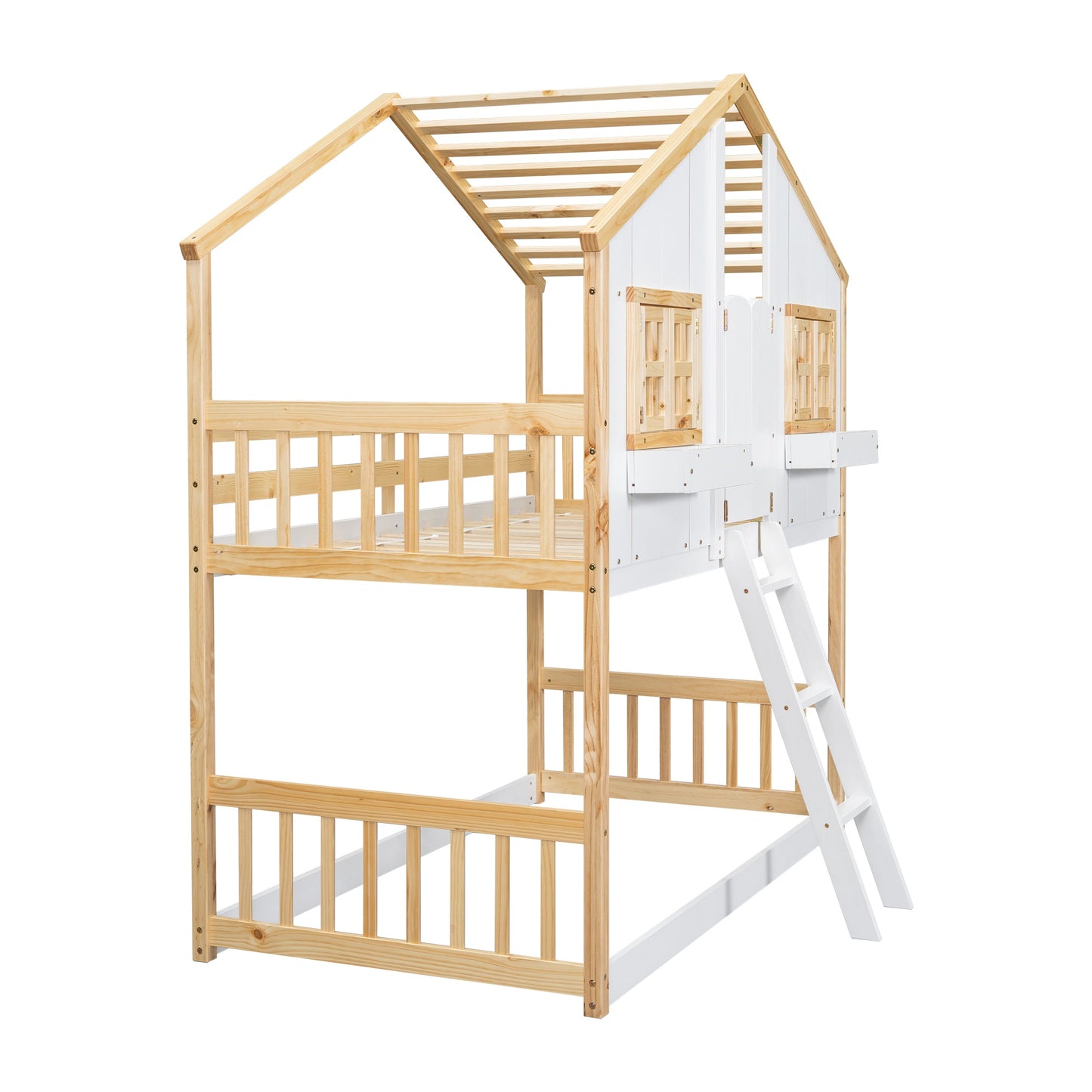 Twin over Twin House Bunk Bed with Roof , Window, Window Box, Door , with Safety Guardrails and Ladder, Natural/White - Korvel