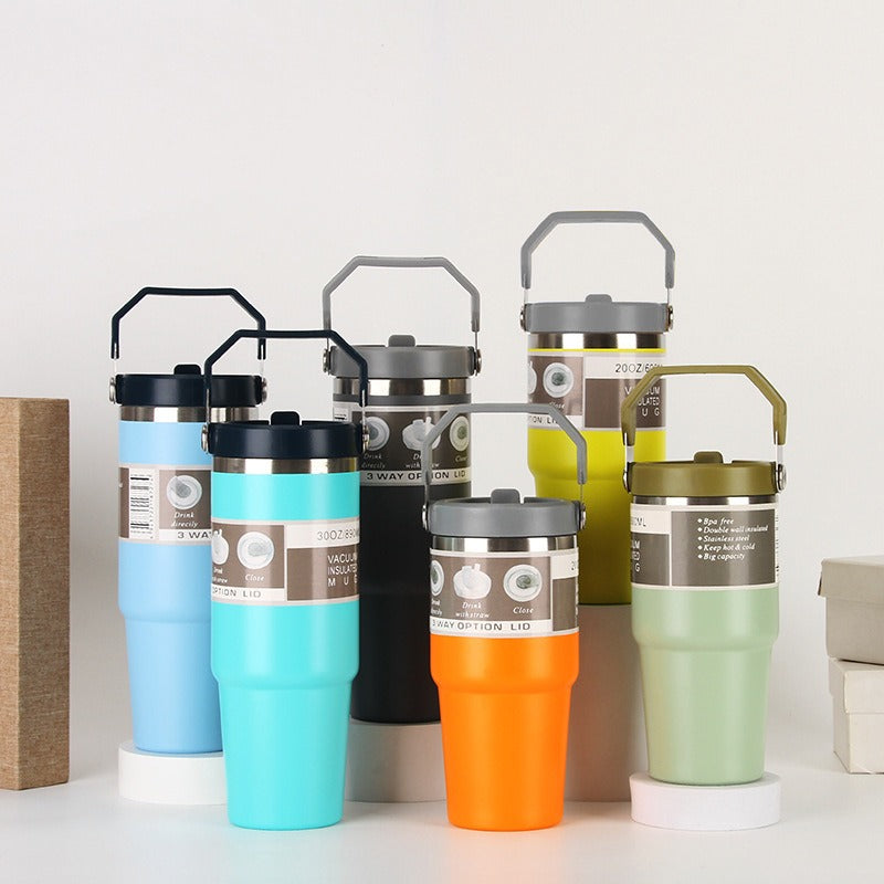 20oz30ozPortable Car Cup Stainless Steel Cup Travel Sports Water Bottle With Handle Cover Coffee Tumbler Cup - Korvel