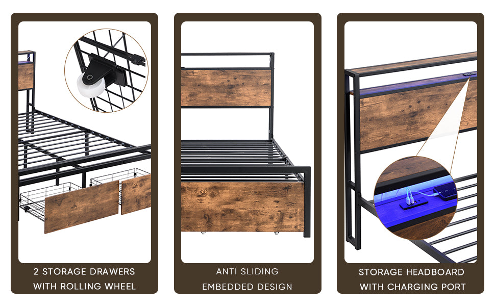 Full size bedstead with storage headboard and 2 drawers, LED light bed with charging station, metal Flat noodles support - Korvel