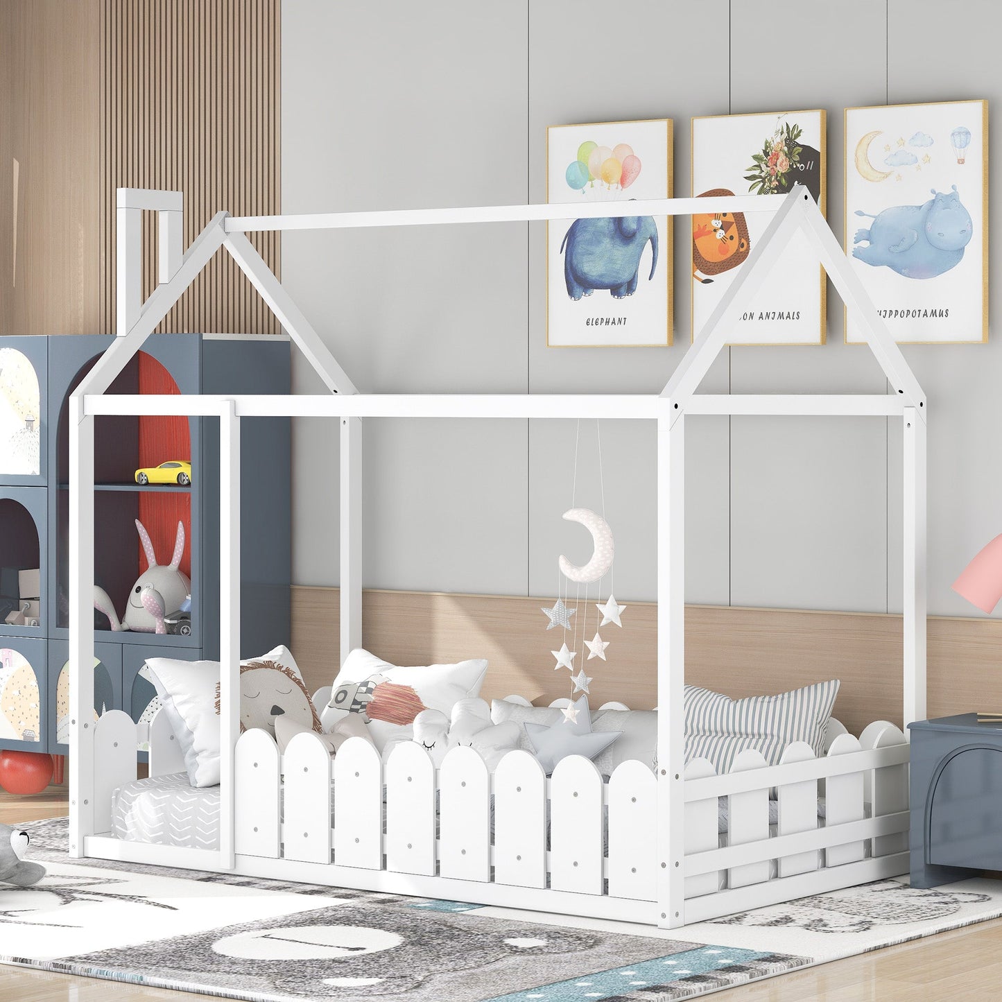 Cama de Madera en Forma de Casa para Niños de Tamaño Individual - Blanca