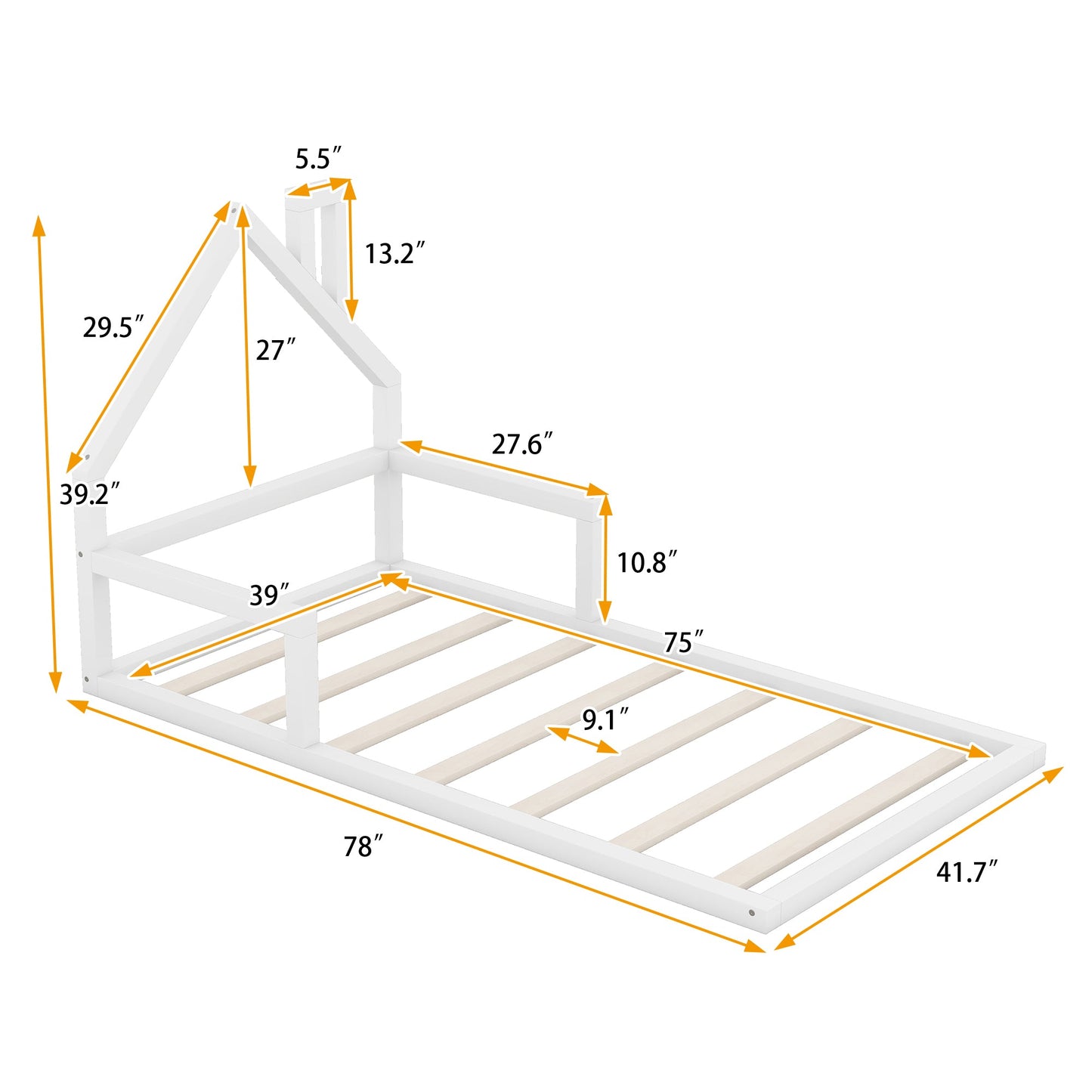 Cama de Madera de Tamaño Twin con Cabecera en Forma de Casa - Blanca
