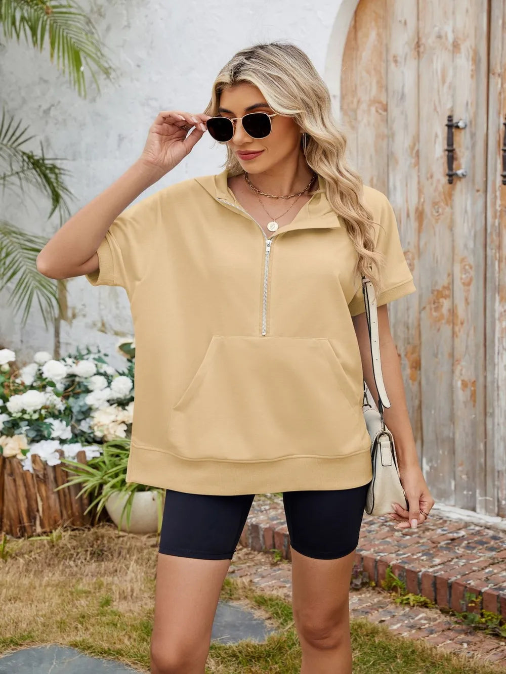 Half Zip Short Sleeve Hooded Top - Korvel