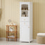 High bathroom storage cabinet with glass door, freestanding, two drawers and adjustable shelves, MDF board, painted white - Korvel