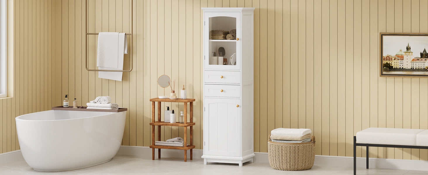 High bathroom storage cabinet with glass door, freestanding, two drawers and adjustable shelves, MDF board, painted white - Korvel