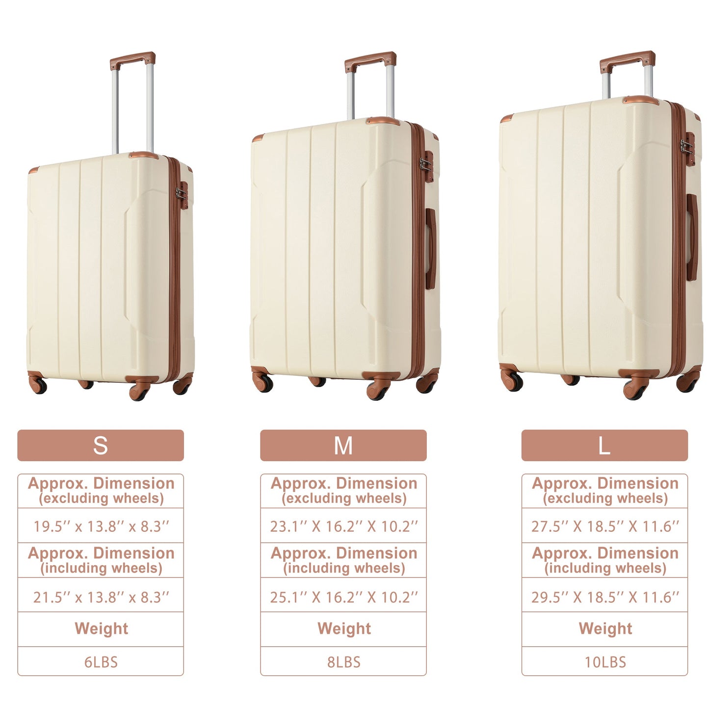 Hardshell Luggage Sets 3 Pcs Spinner Suitcase with TSA Lock Lightweight 20''24''28'' Brown white + ABS - Korvel