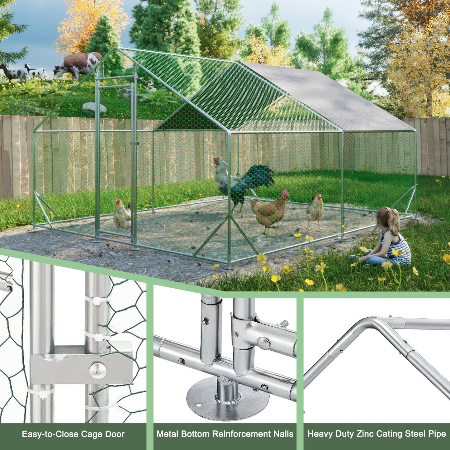 Large metal chicken cage, galvanized iron ribbon waterproof and UV resistant cover (10 'long x 13' wide x 6.56 'high) - Korvel