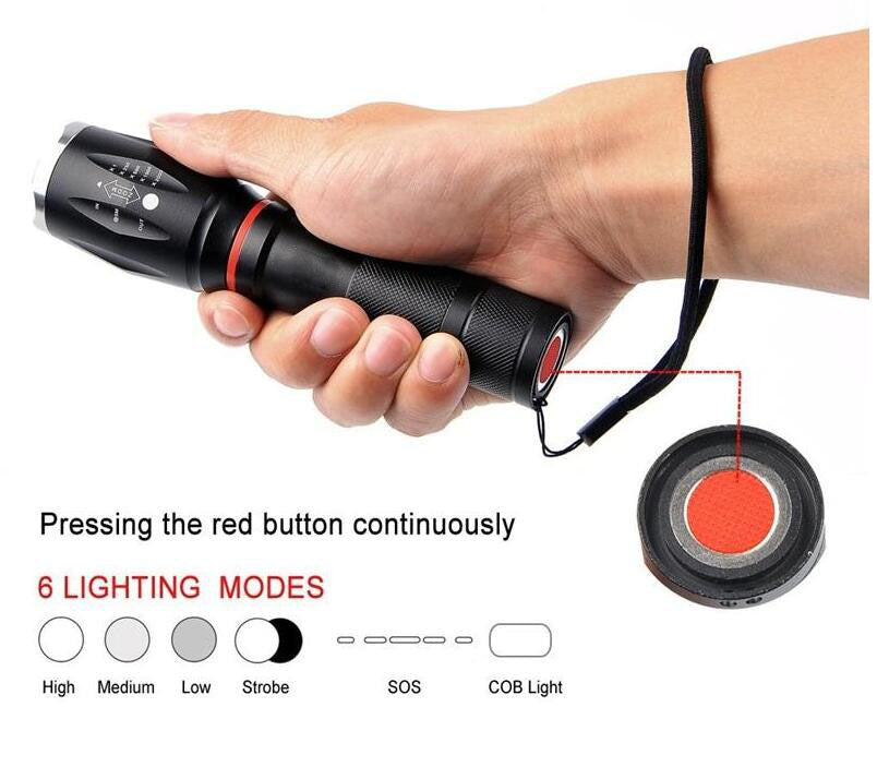 T6 Tactical Flashlight 1000 Lumens Zoom able IPX6 Waterproof Handheld Flashlight With Hidden COB Lighting - Korvel